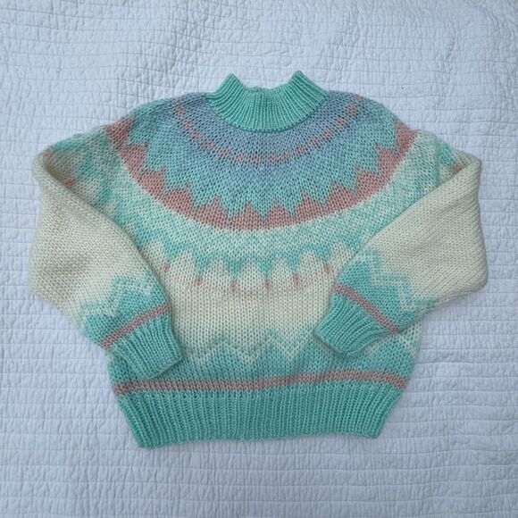 Vintage Sweaters - Vintage Hand Knit Fair Isle Sweater | Pastel Chunky Korean Knit Jumper